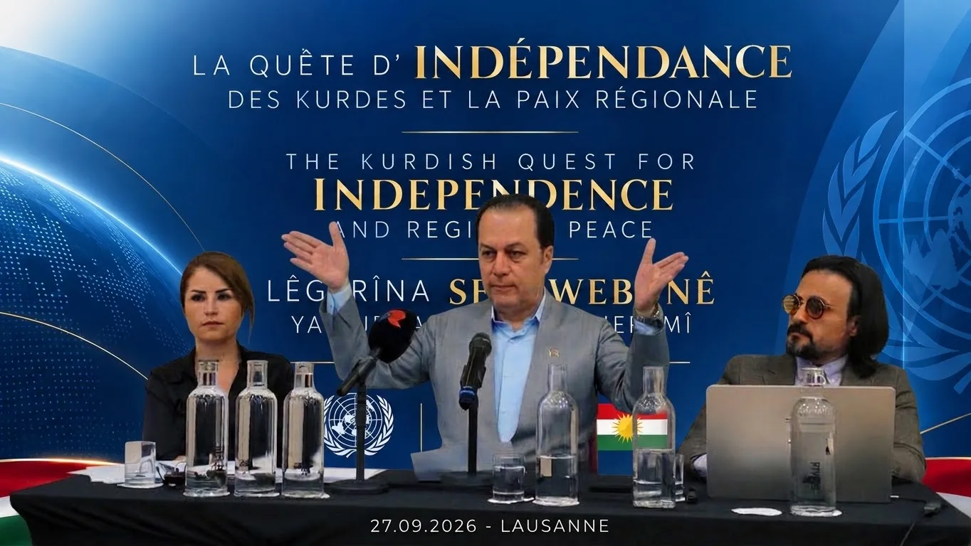 Axavtvanên konferansê li ber pankarta «Lêgerîna Serxwebûnê ya Kurdan û Aştiya Herêmî», Lozan, 27.09.2026